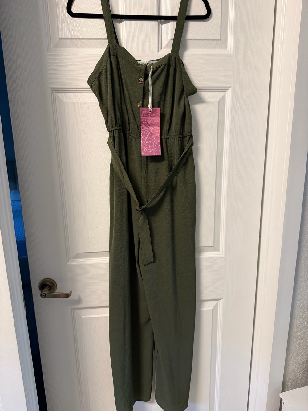 Almost Famous Olive Green Strap Jumpsuit with Tie Waist Size L more like M